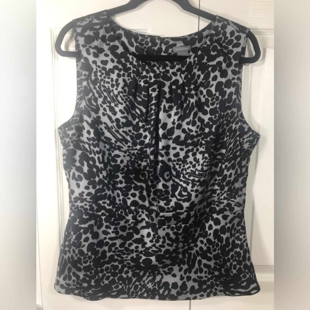 Ann Taylor Black/Gray Animal Print Sleeveless Blouse, 100% Silk, Women's Size 14